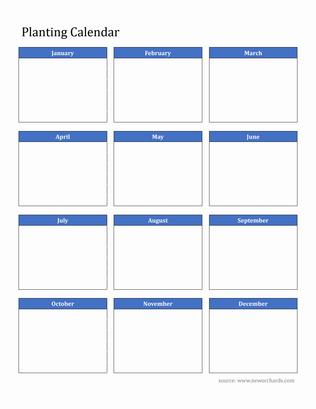 Blank Planting Calendar in PDF