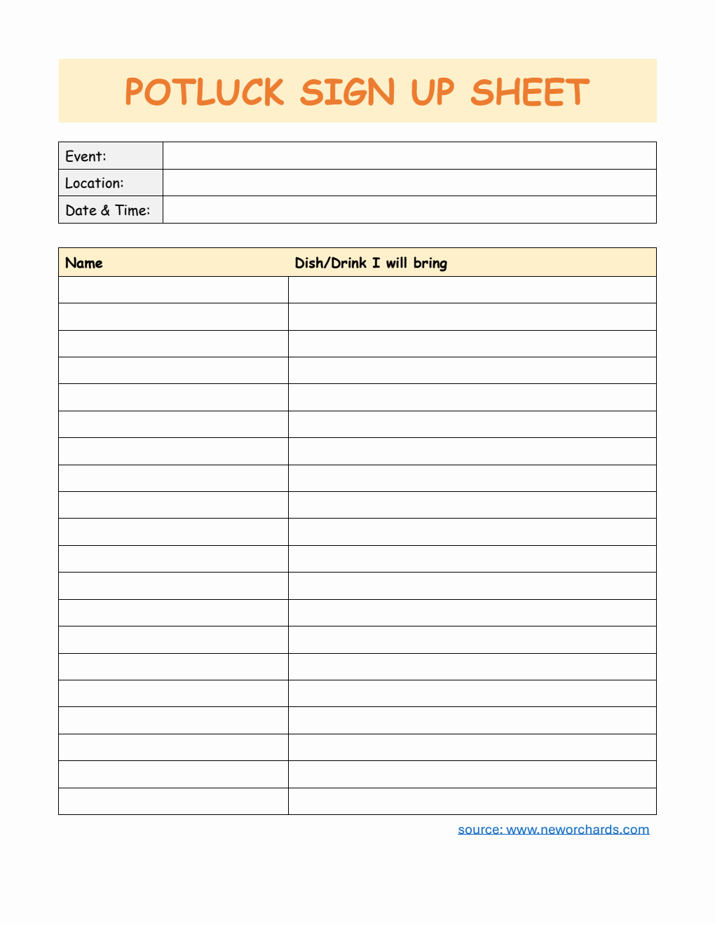 Free Potluck Sign Up Sheet Templates (PDF, Word, Excel)