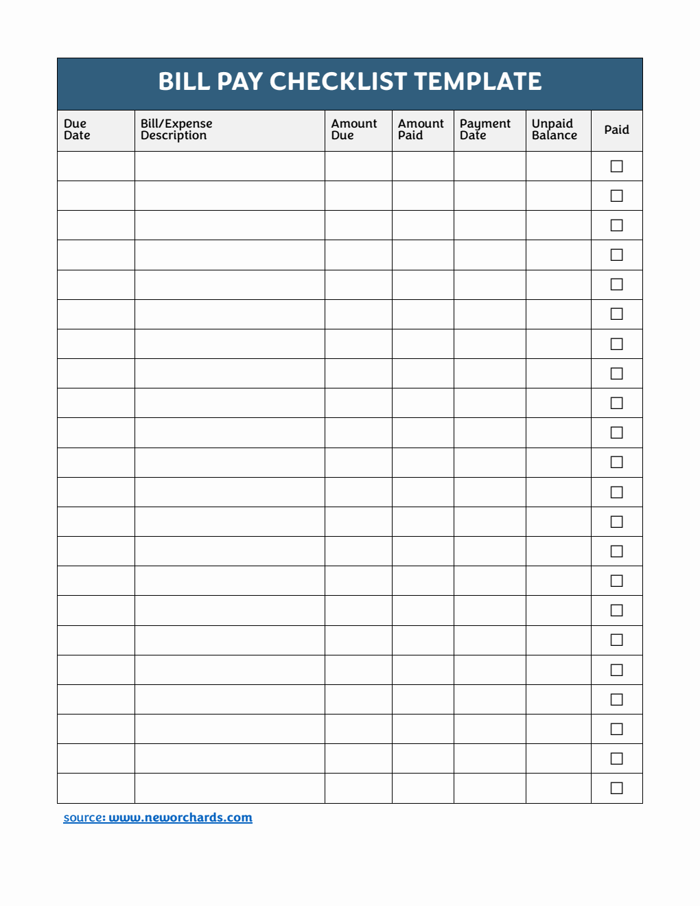 Printable Bill Pay Checklist Template Word