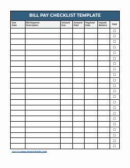 Printable Bill Pay Checklist Template Word