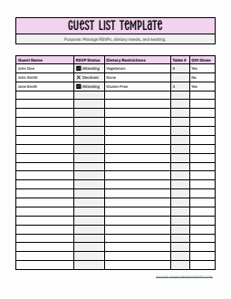 Basic Guest List Template Word (with Dietary Restrictions)