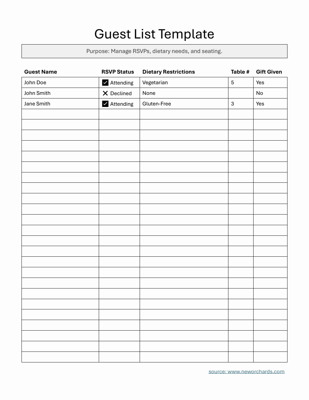  Guest List Template Word (with Dietary Restrictions)