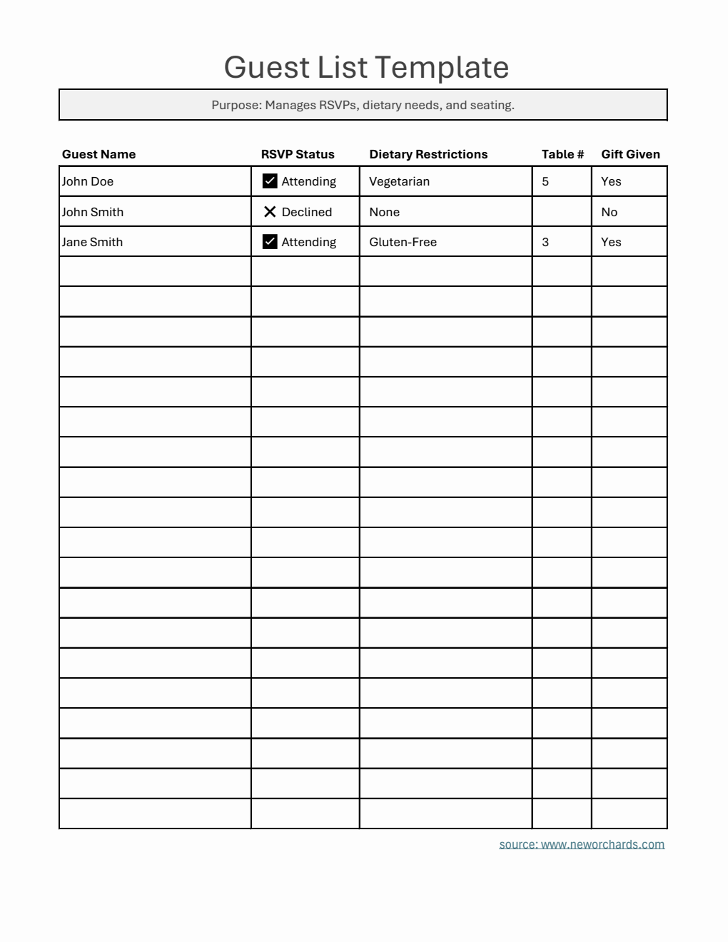 Guest List Template Excel (with Dietary Restrictions)