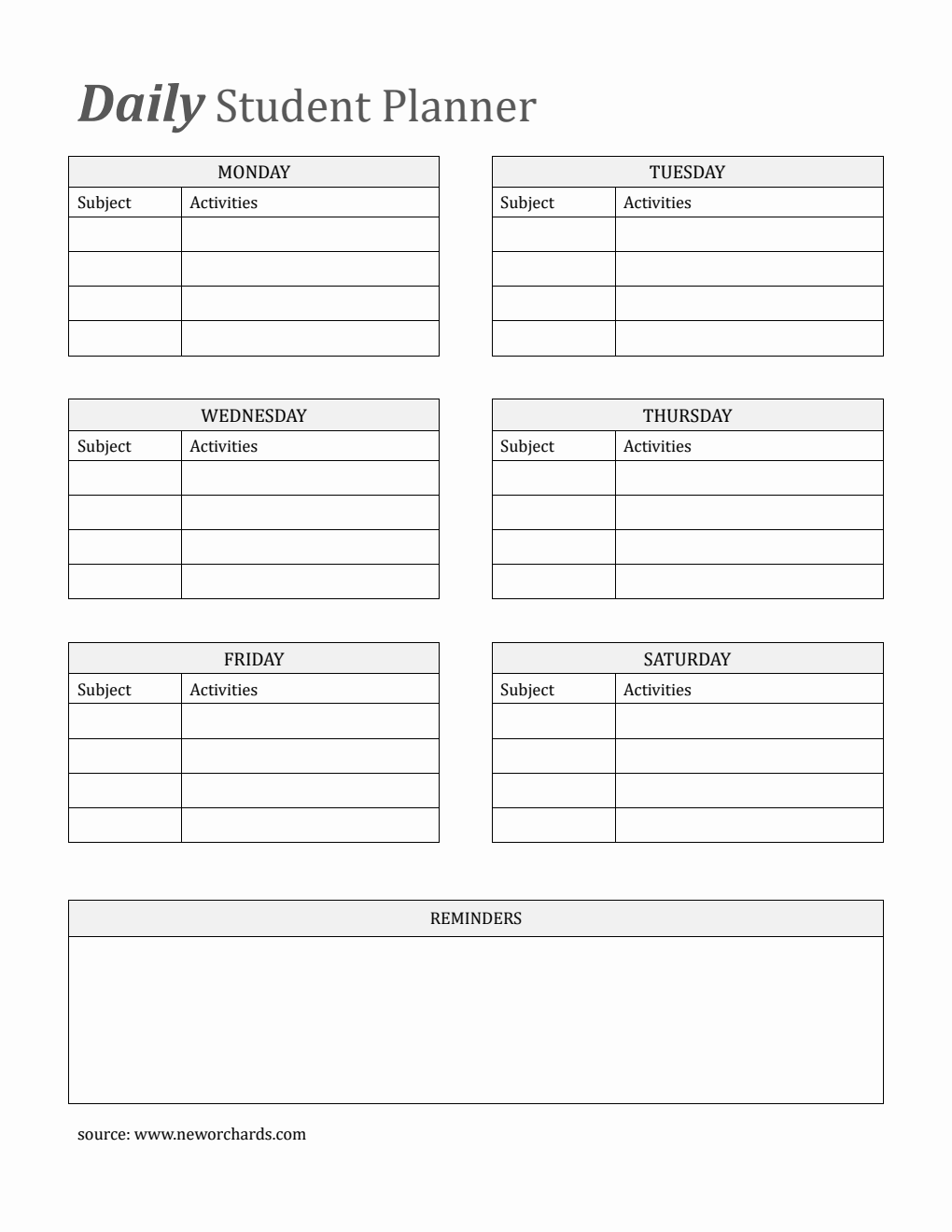 Free Student Planner Template  in Word Format (Printable)