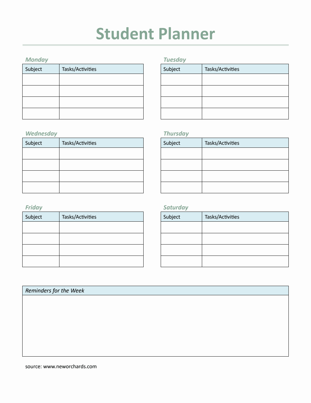 Free Student Planner Template  in Word Format (Basic)