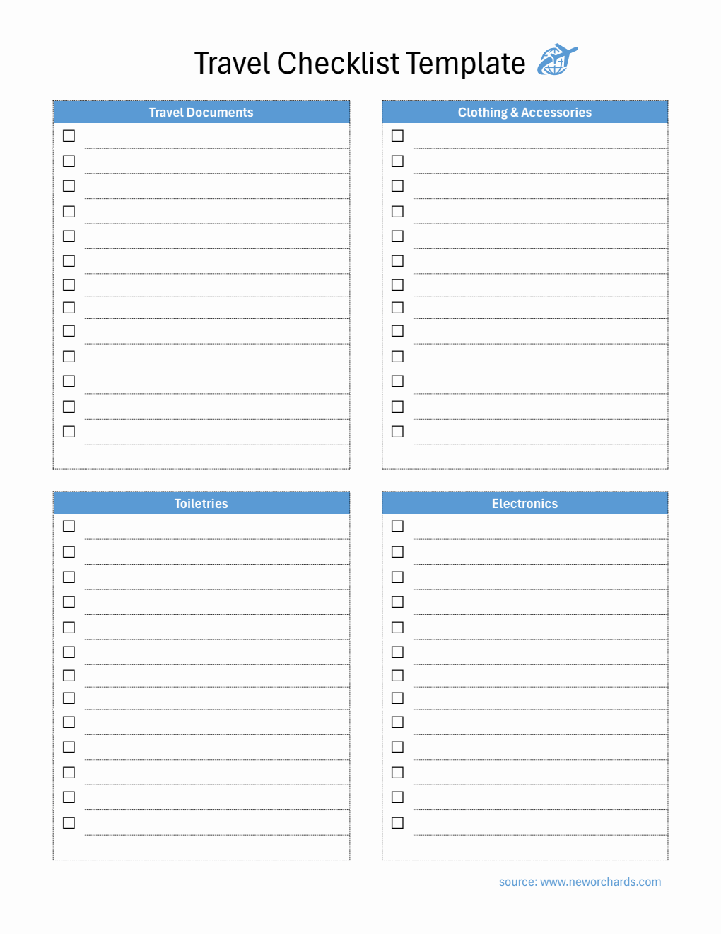 Travel Checklist Template Customizable in Word