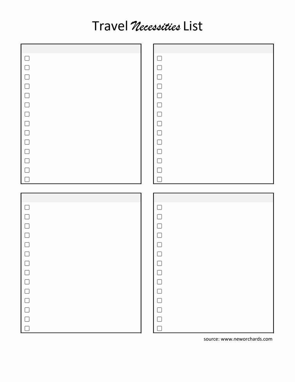 Printable Travel Essentials List Template - Excel Format