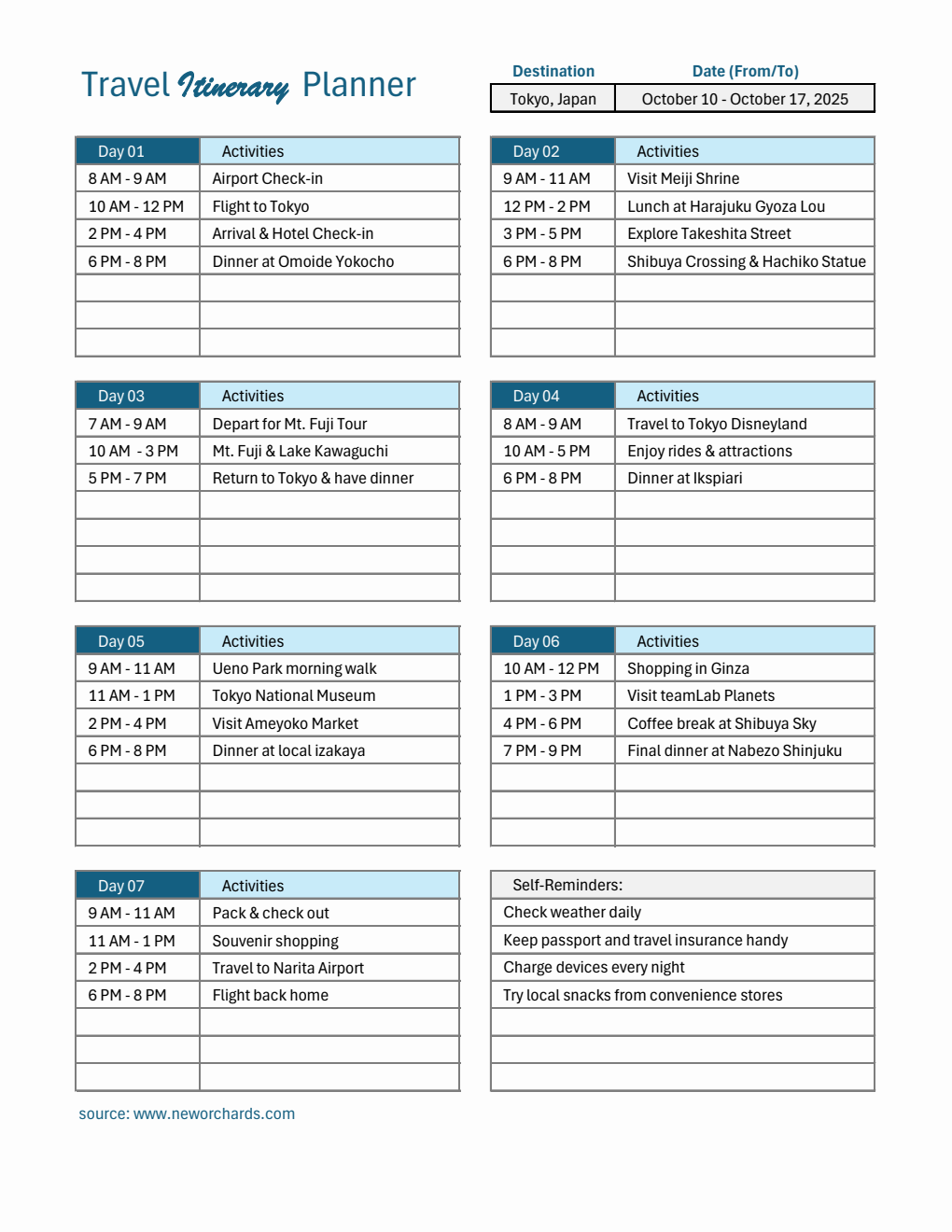 Customizable Travel Itinerary Planner | Free to Download in Excel