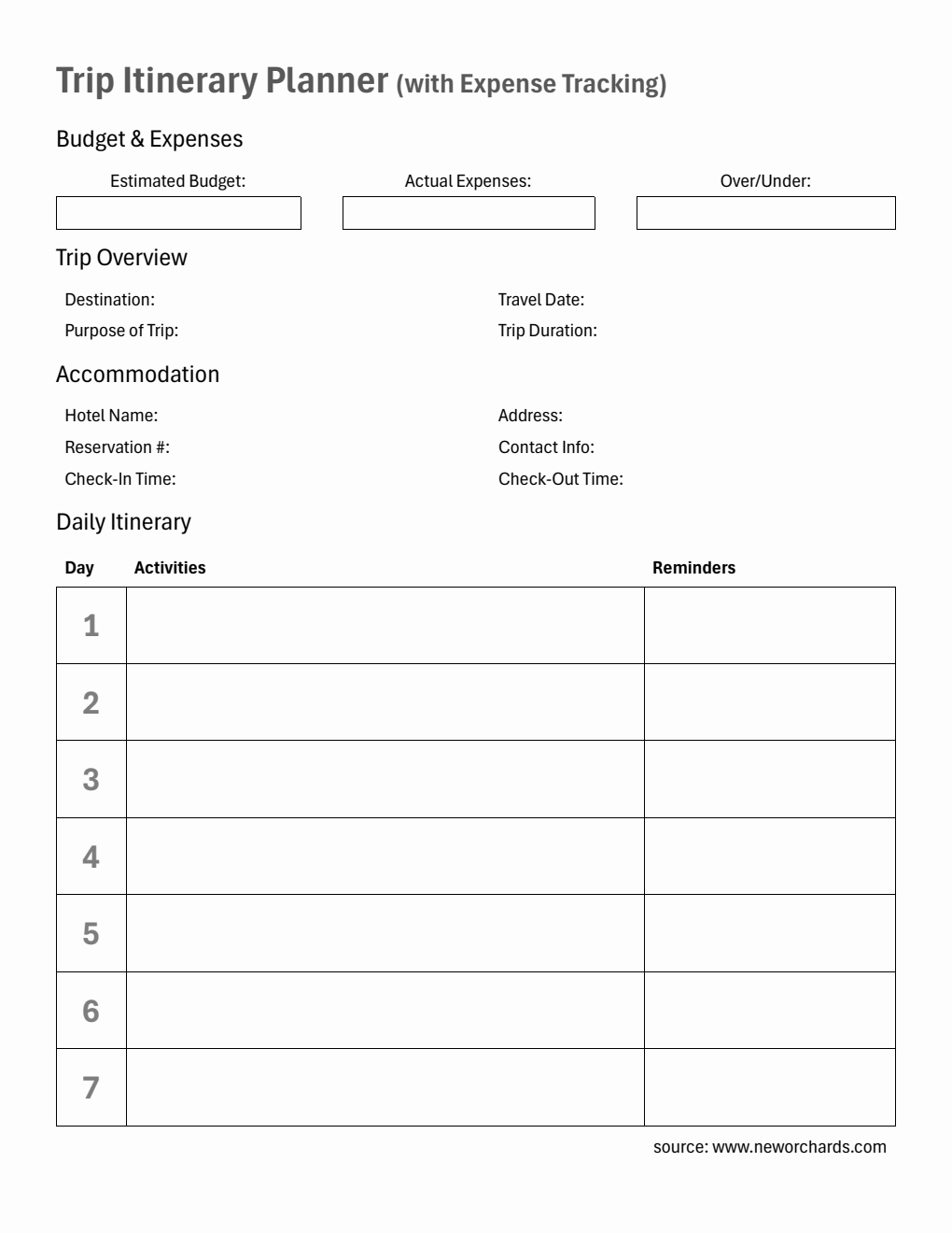 Printable Trip Itinerary Planner with Expense Tracking (Word Format)