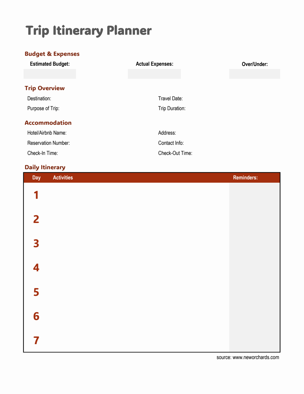 Customizable Trip Itinerary Planner with Expense Tracking (Excel Format)