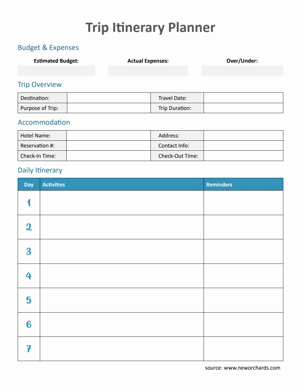 Trip Itinerary Planner with Expense Tracking (PDF Format)