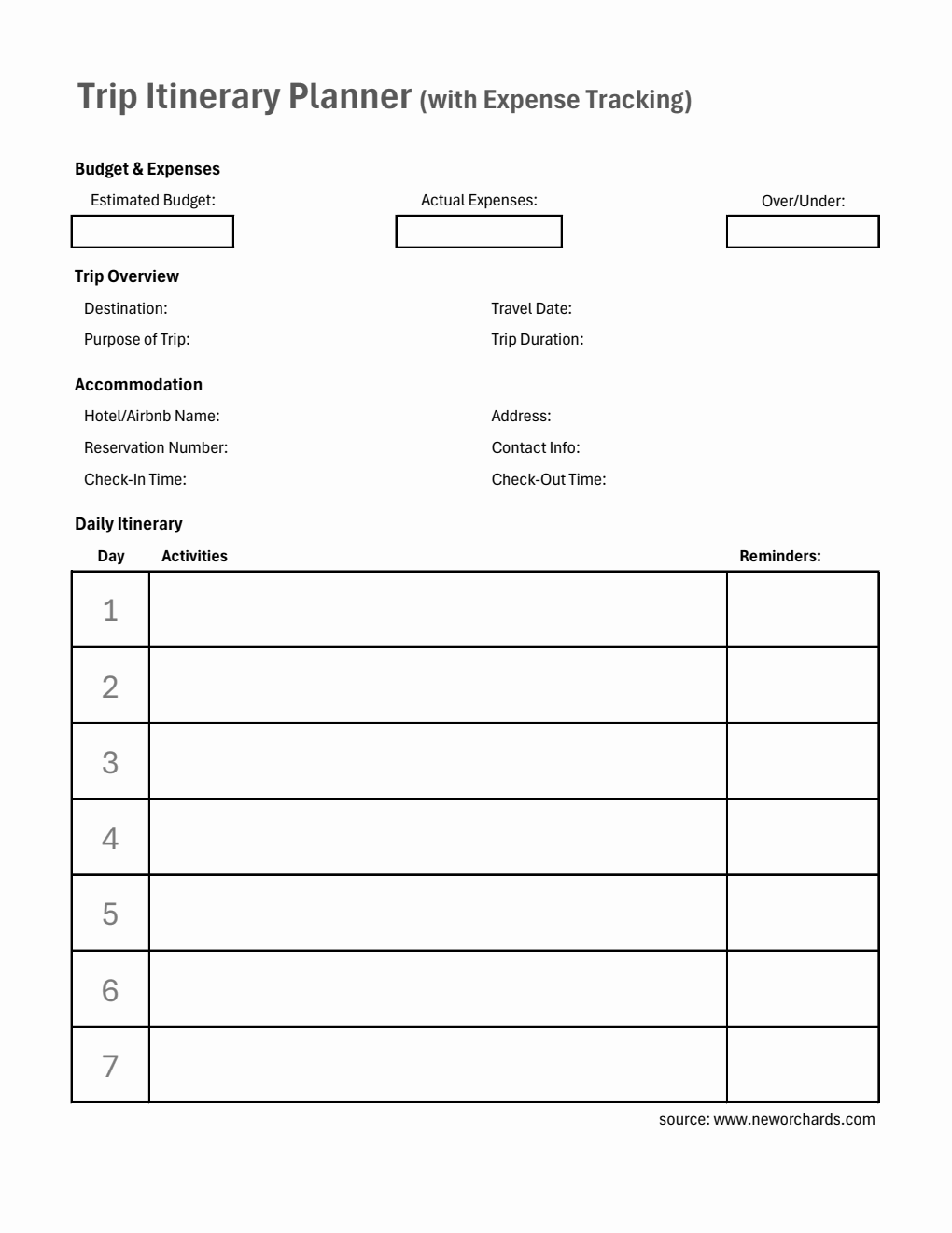 Printable Trip Itinerary Planner with Expense Tracking (Excel Format)