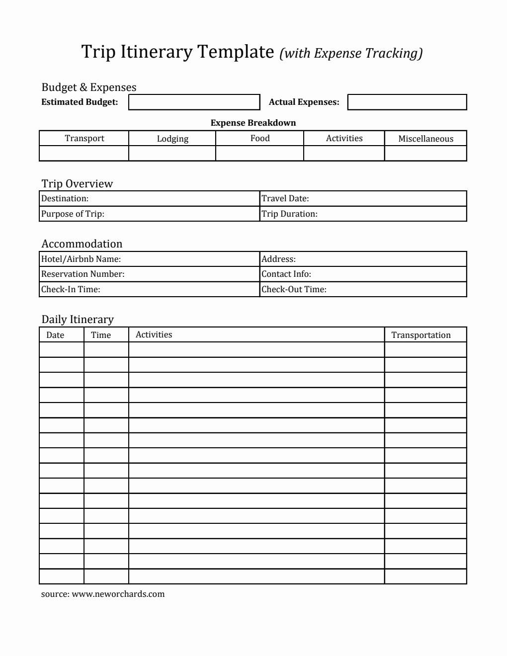 Printable Comprehensive Trip Itinerary Template for Organized Travel Planning (Excel)
