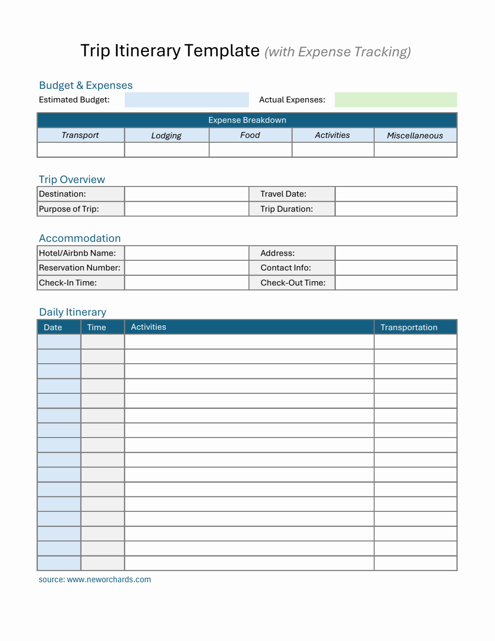Comprehensive Trip Itinerary Template for Organized Travel Planning (Excel)