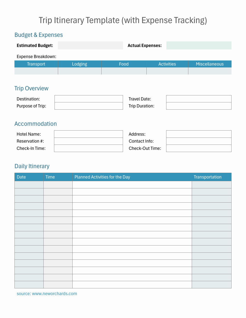 Downloadable Comprehensive Trip Itinerary Template for Organized Travel Planning (PDF)