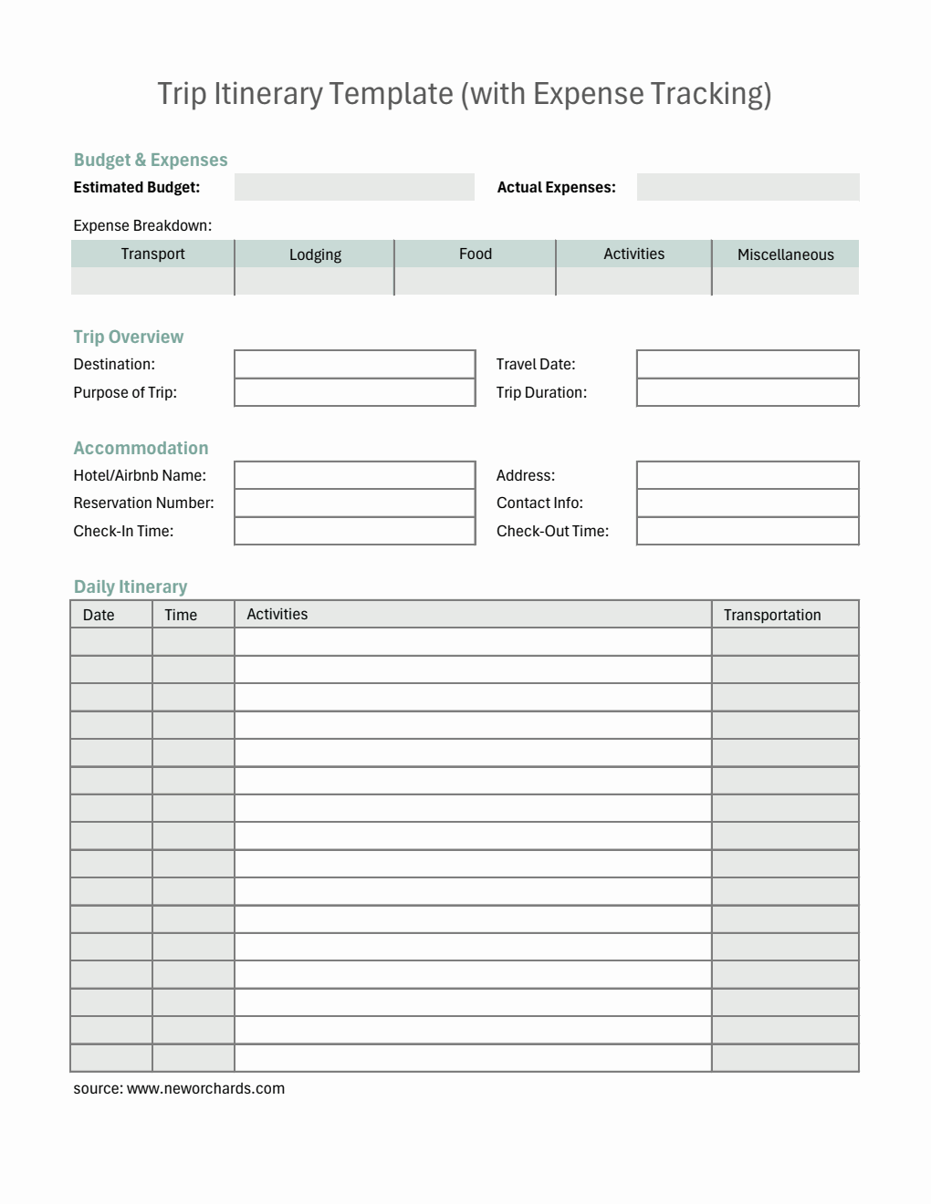 Downloadable Comprehensive Trip Itinerary Template for Organized Travel Planning (Excel)