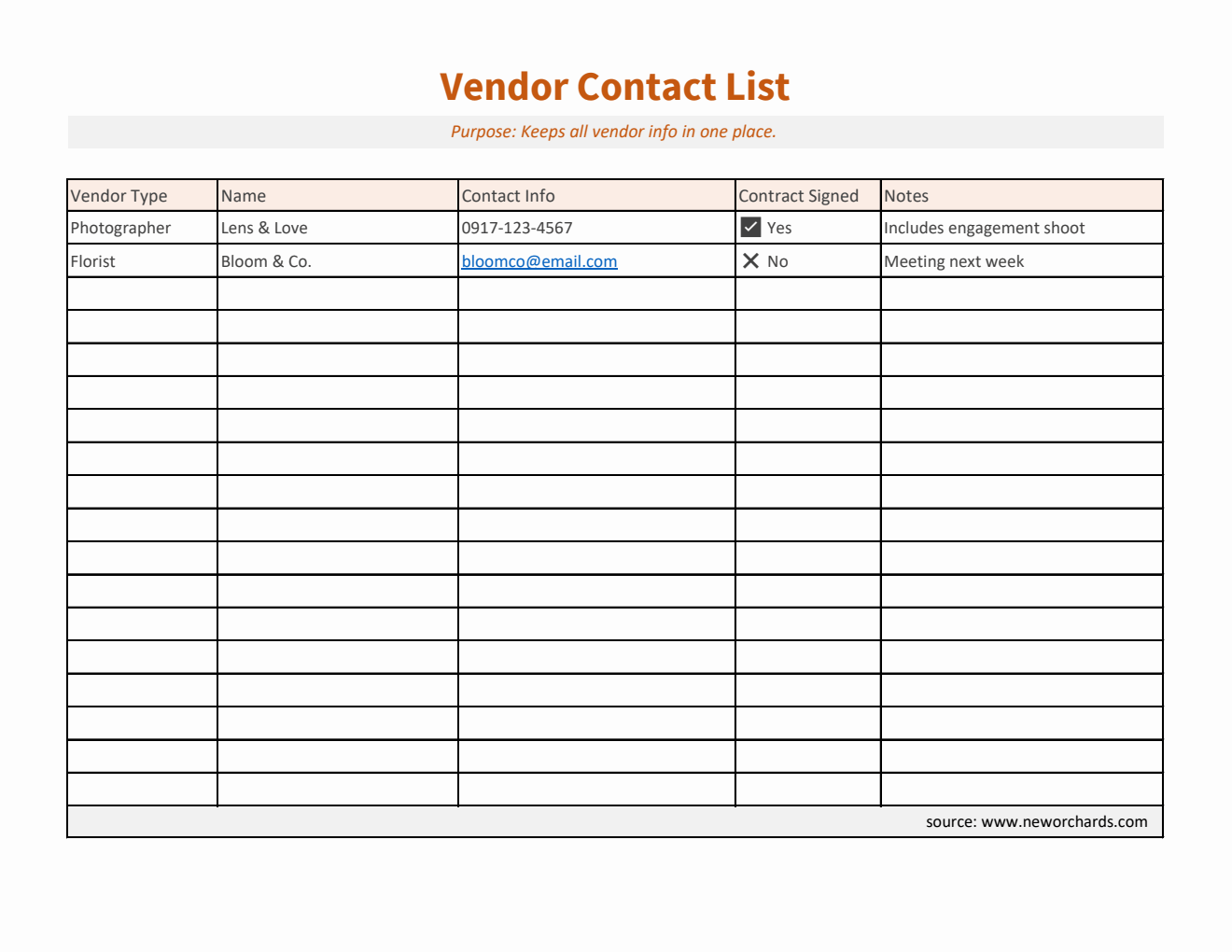 Editable Vendor Contact List (Excel)