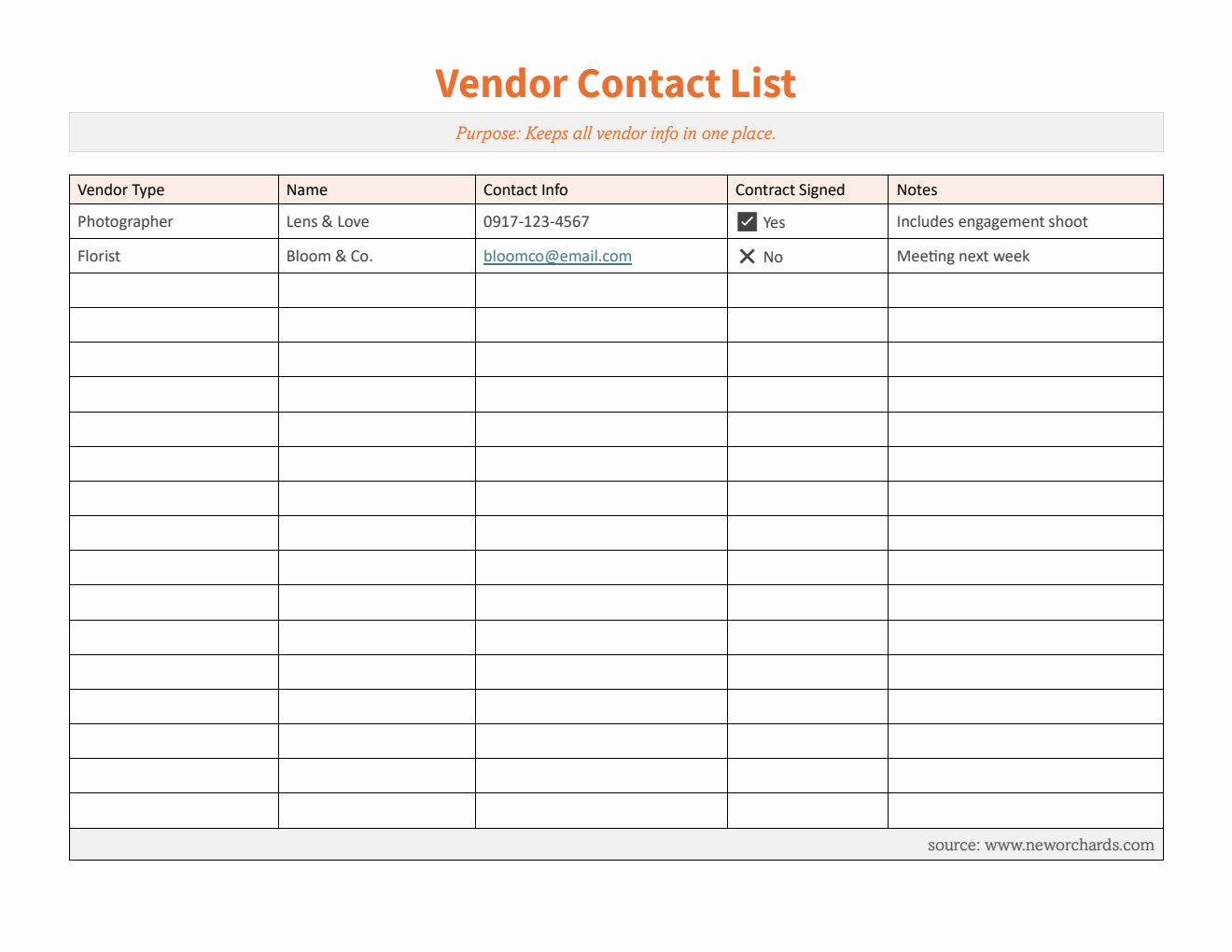 Editable Vendor Contact List (Word)