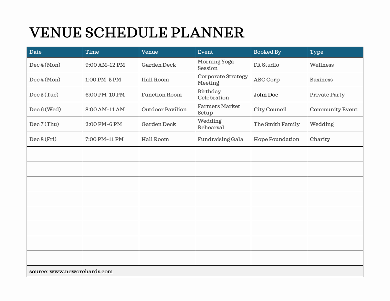 Venue Schedule Template - Free to Customize in Word