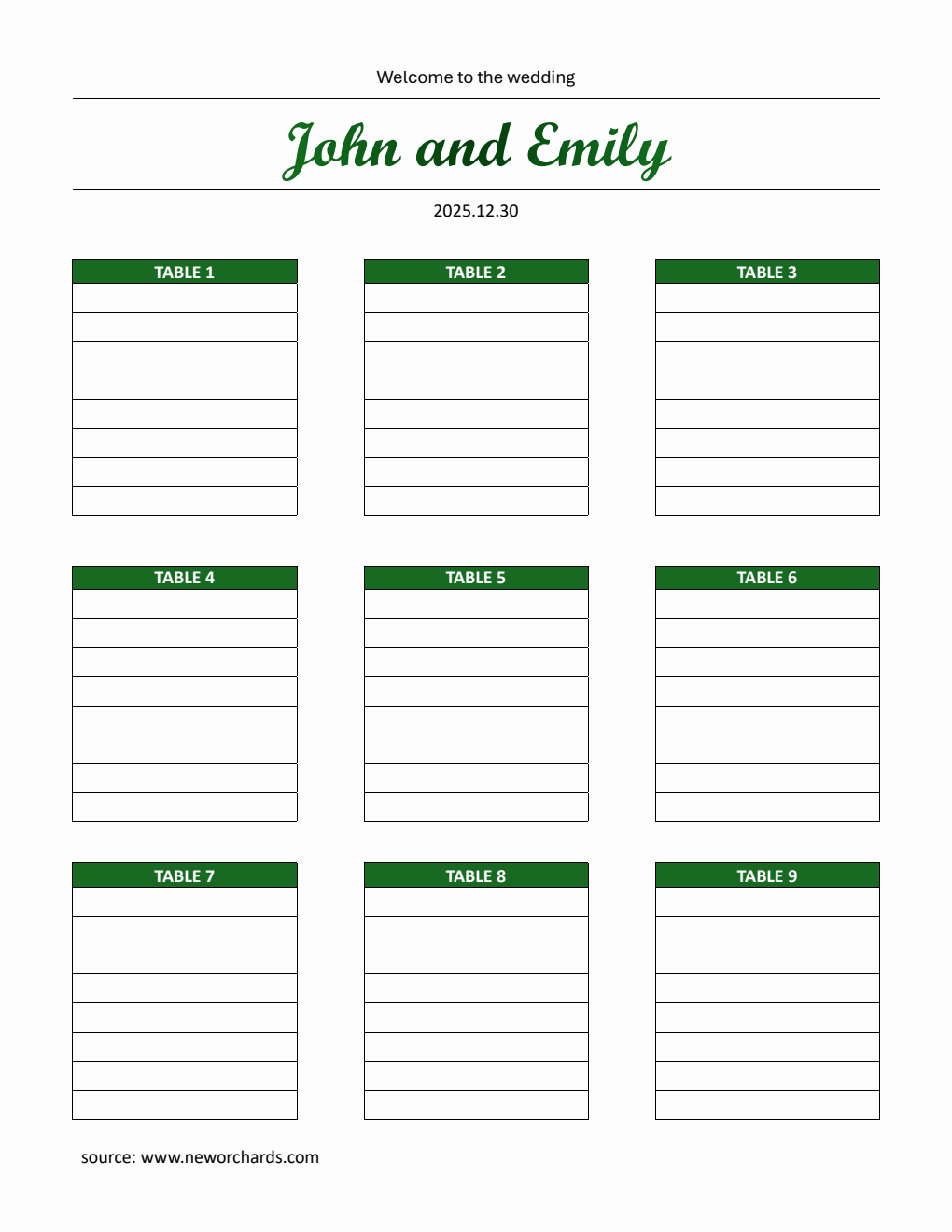 Customizable Wedding Seating Chart Template | Free Word Download