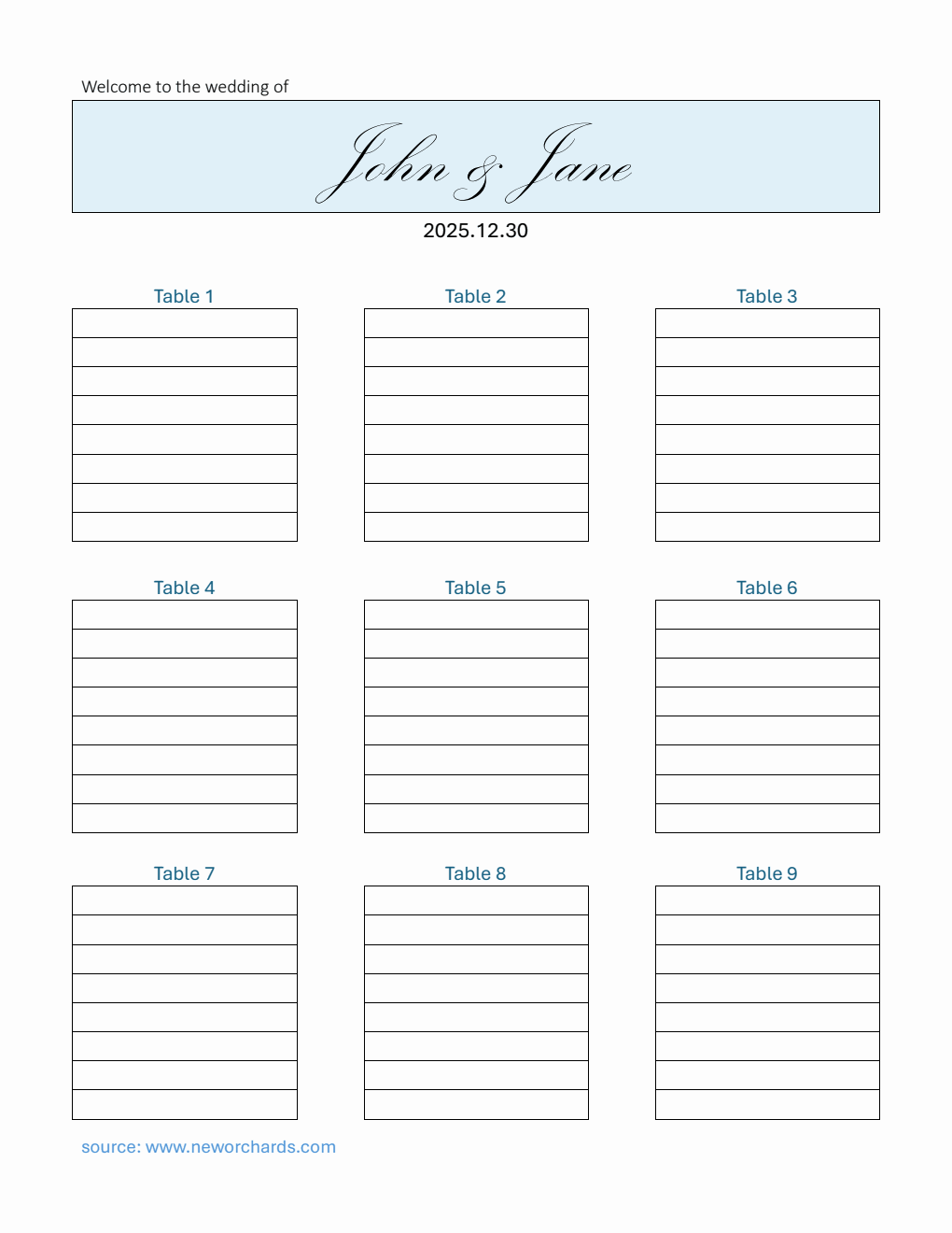 Basic Wedding Seating Chart Template | Free Word Download