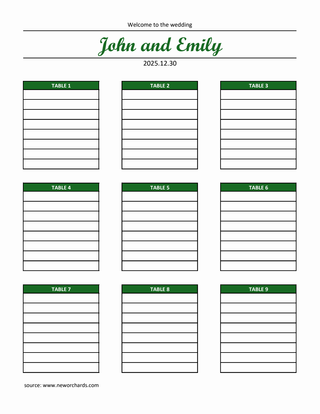 Customizable Wedding Seating Chart Template Free PDF Download
