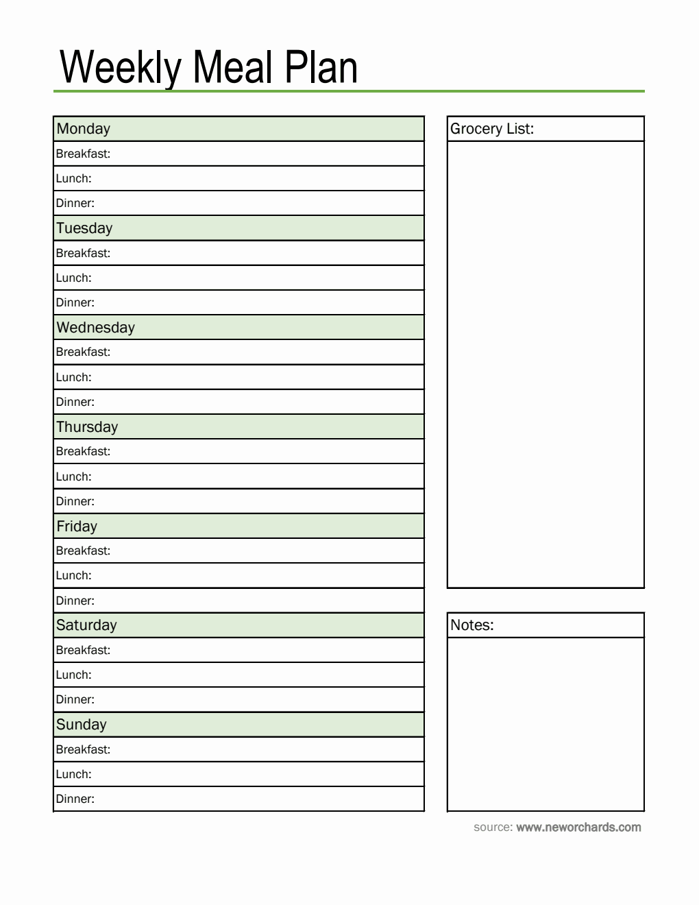 Free Simple Weekly Meal Plan Template (Excel)