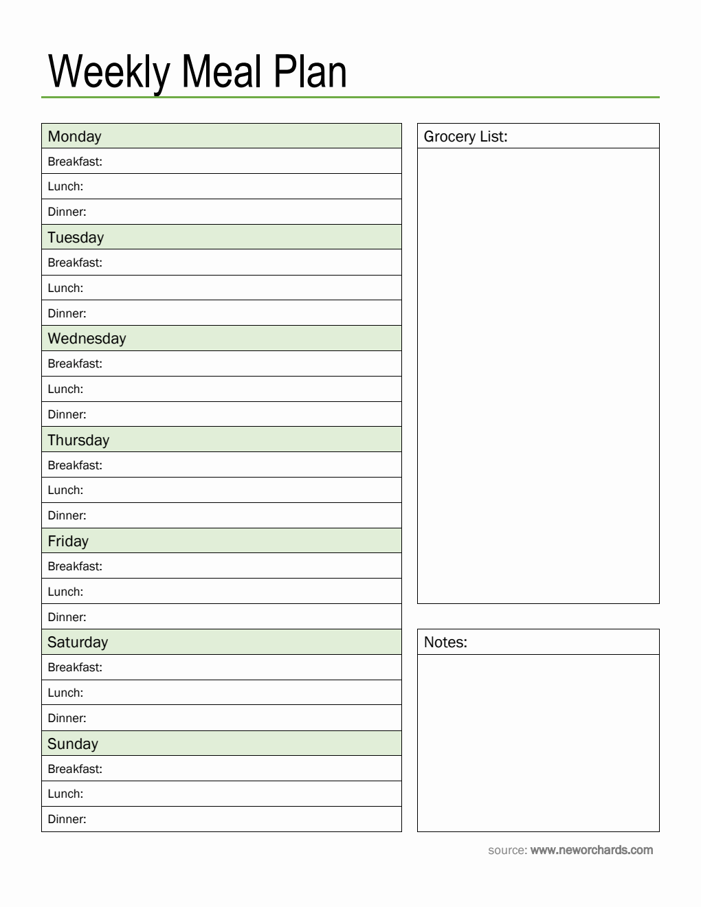 Free Simple Weekly Meal Plan Template (PDF)