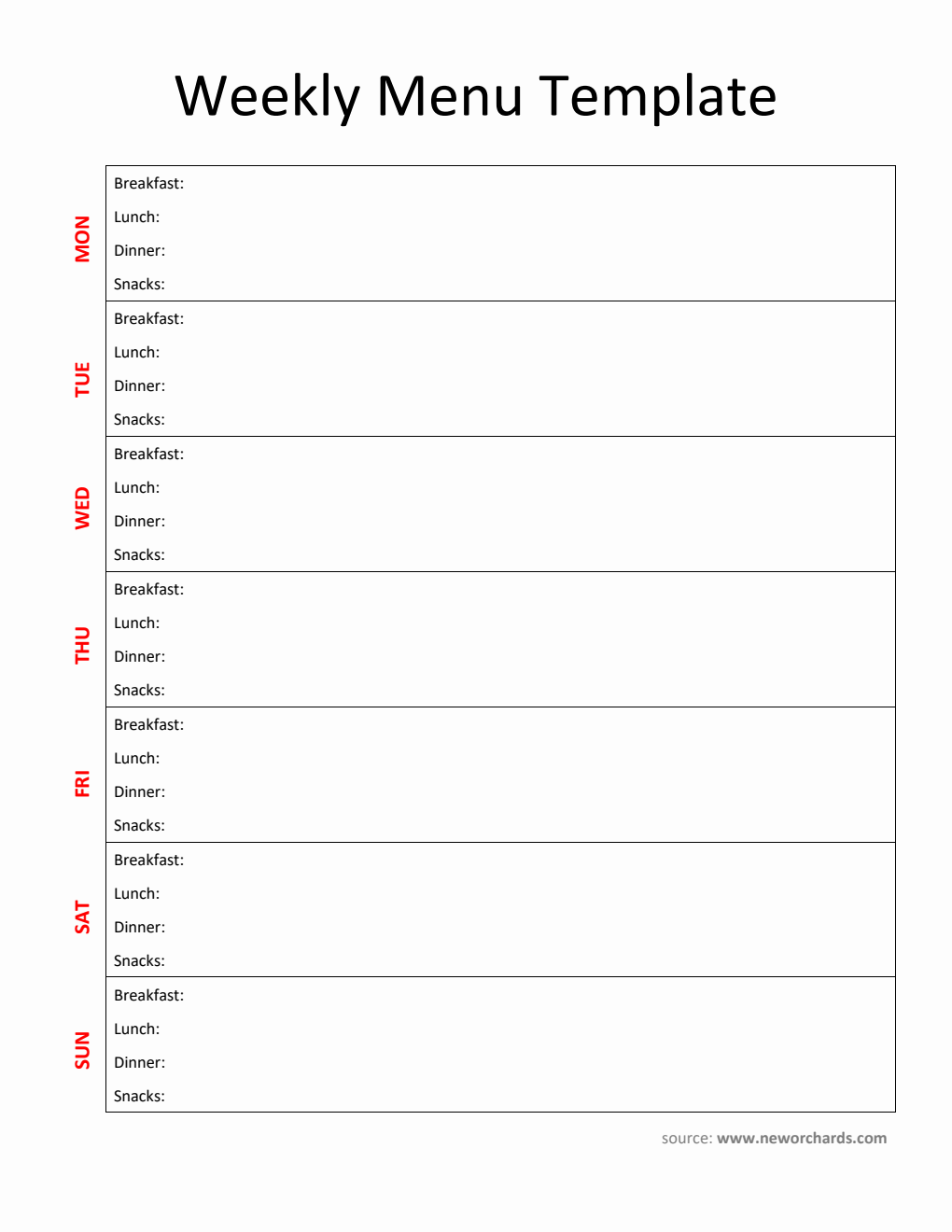 Weekly Menu Template Printable in Word