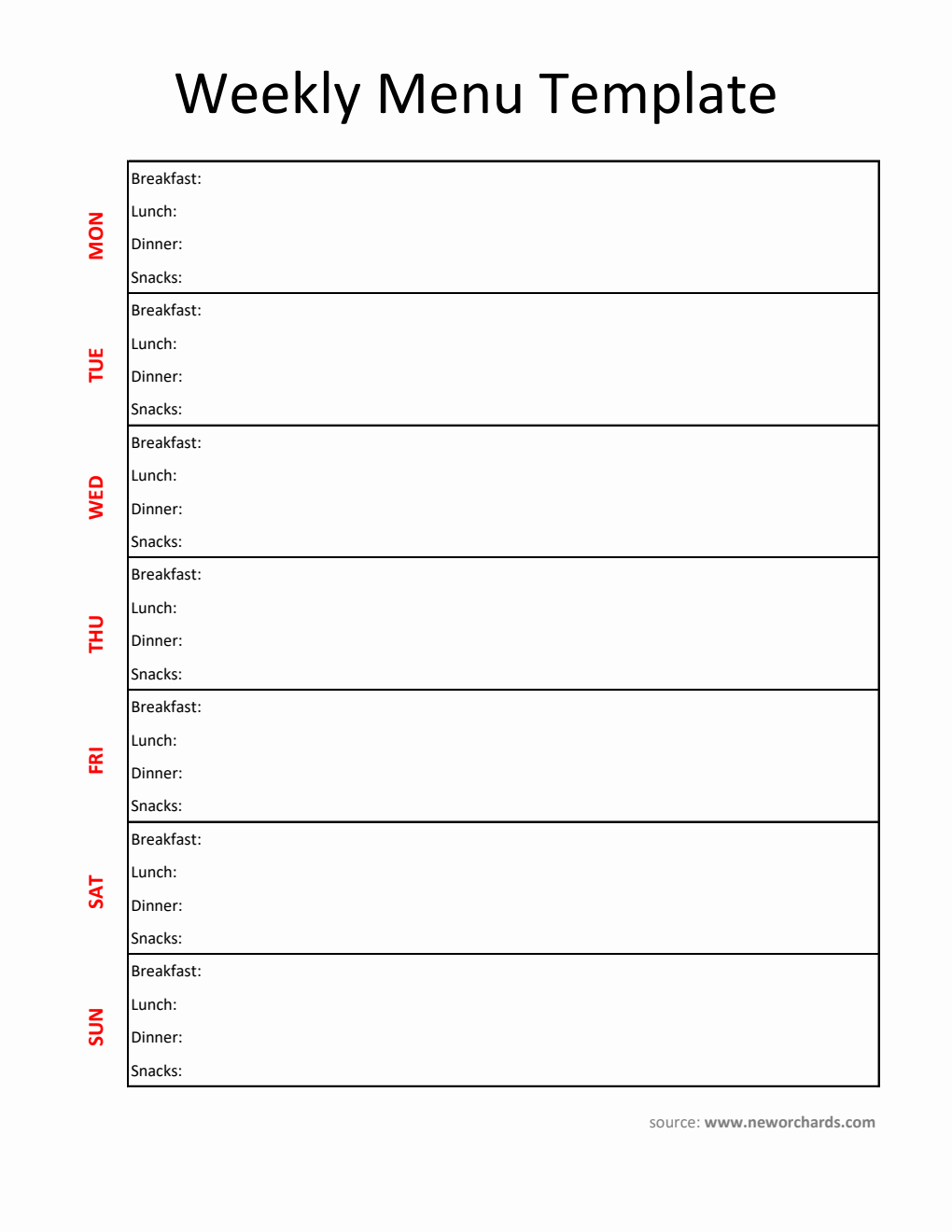 Weekly Menu Template Printable in Excel