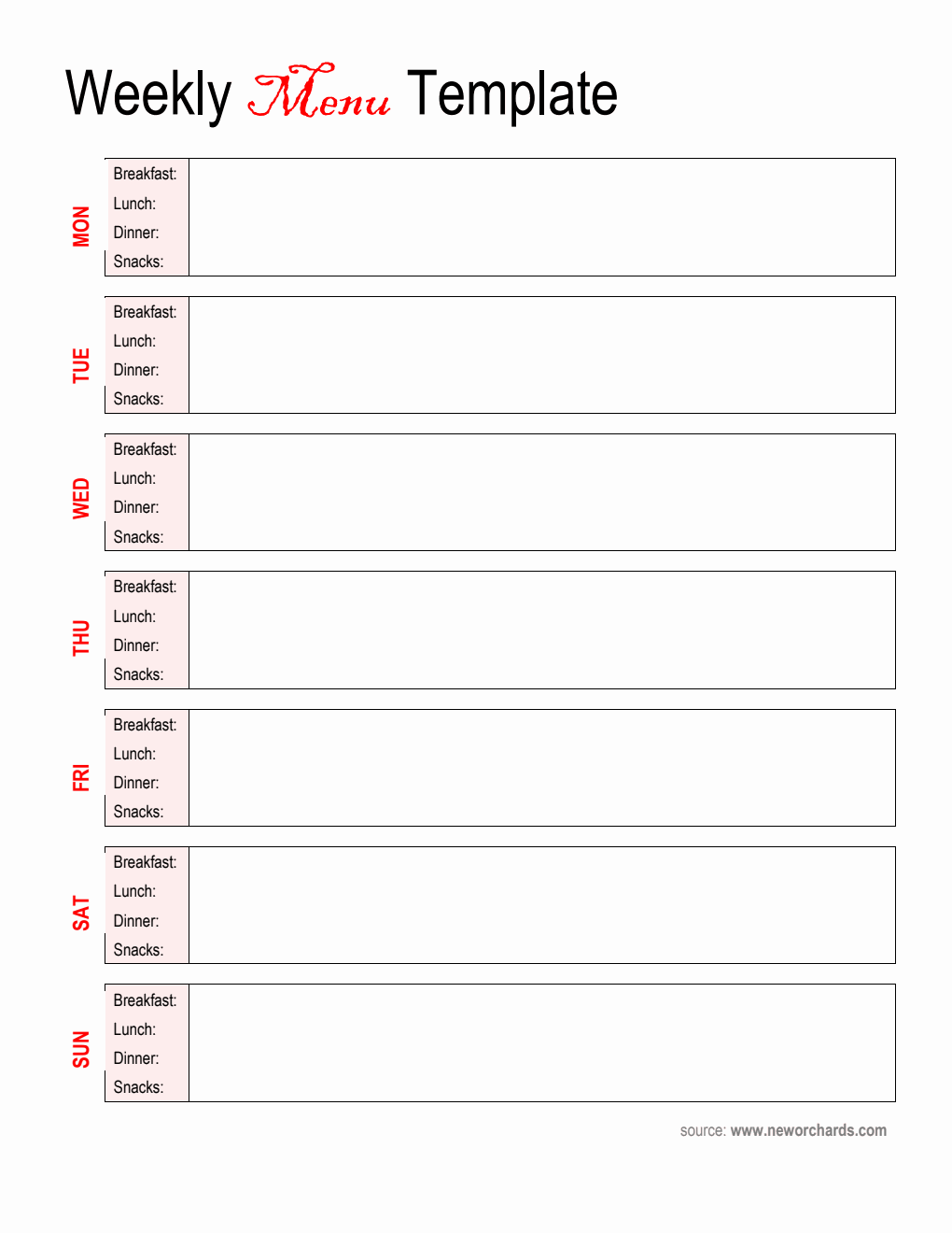 Weekly Menu Template Downloadable in PDF