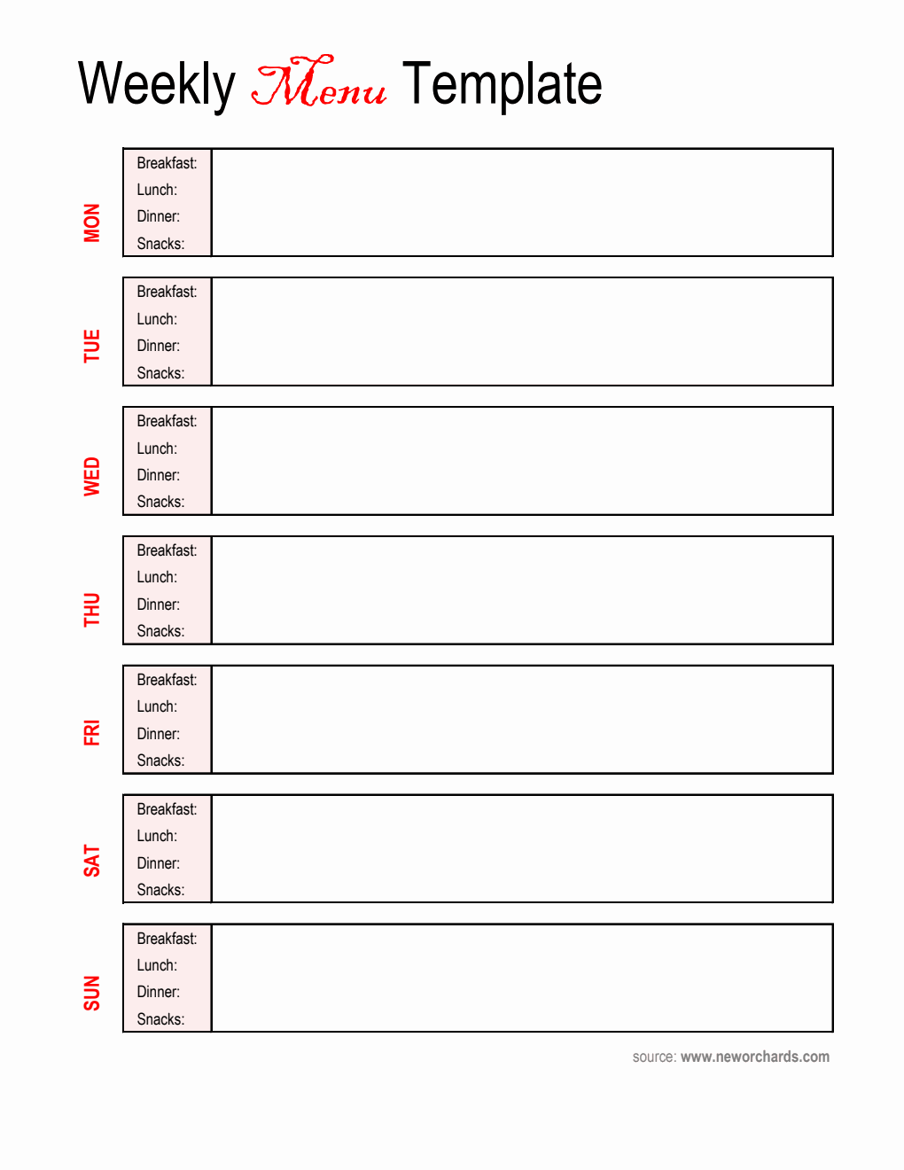 Weekly Menu Template Downloadable in Excel